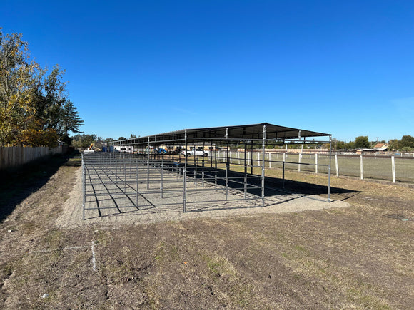 Mare Motel Shed Row with (4) 12x24 Stalls and 12ft Breezeway 4-Rail FULLY COVERED