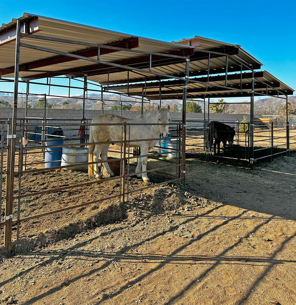 Mare Motel with (4) 12x12 Stalls and 12ft Breezeway 5-Rail (WOOD INSERTABLE PANELS)