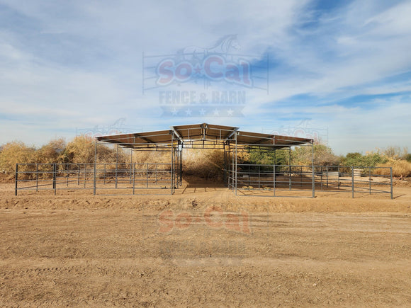 Mare Motel with (4) 24x24 Stalls with 12x24 Covers and 12ft Breezeway 4-Rail