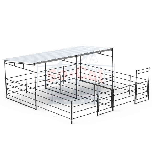 Two 12x24 Horse Stalls Side-by-Side with 12x12 Sloped Covers (4 Rail)