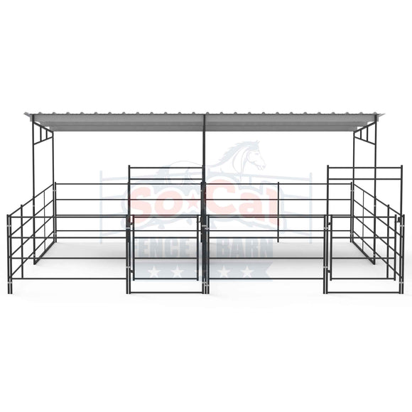 Two 12x24 Horse Stalls Side-by-Side with 12x12 Sloped Covers (4 Rail)