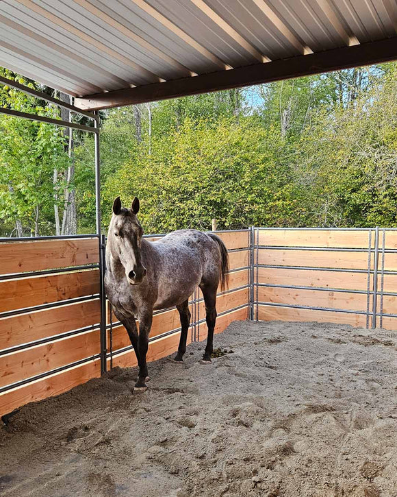 Mare Motel with (4) 12x24 Stalls FULLY COVERED and 12ft Breezeway 5-Rail WOOD INSERTABLE